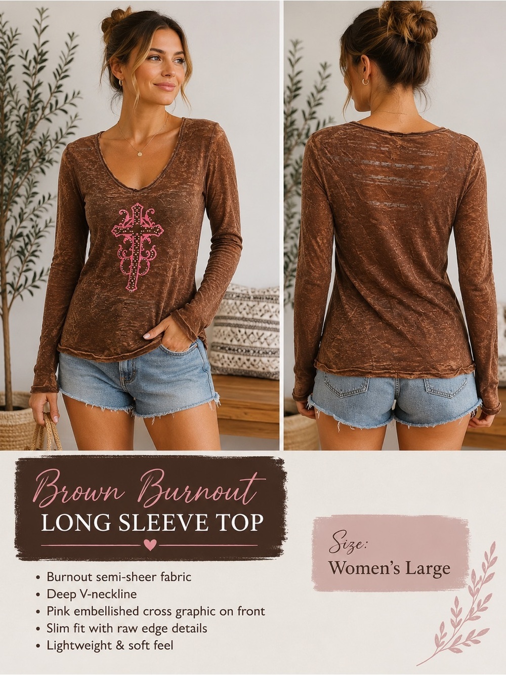 Ransom ranch burnout material V-Neck Top with Pink Cross Accent LARGE